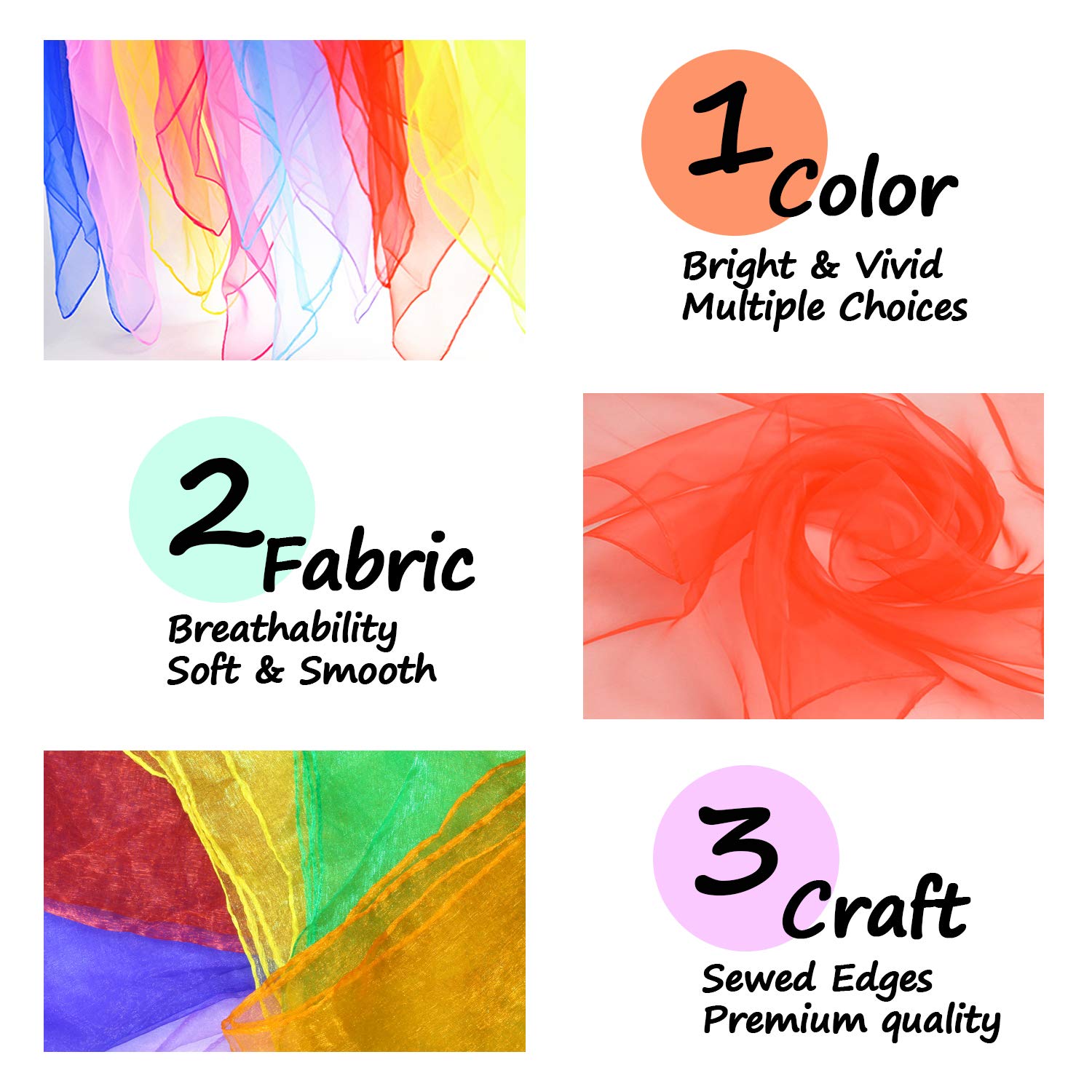 Novelty Place Dance and Juggling Scarves(12PCS) - Silk Square Play Scarves with Hemmed Edges - Easy Clean Ideal Performance Props Accessories - 6 Colors(24