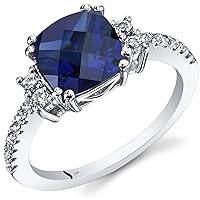 PEORA Solid 14K White Gold Created Blue Sapphire Ring with Genuine White Topaz, 3 Carats, Cushion Cut, 8mm, Sizes 5-9