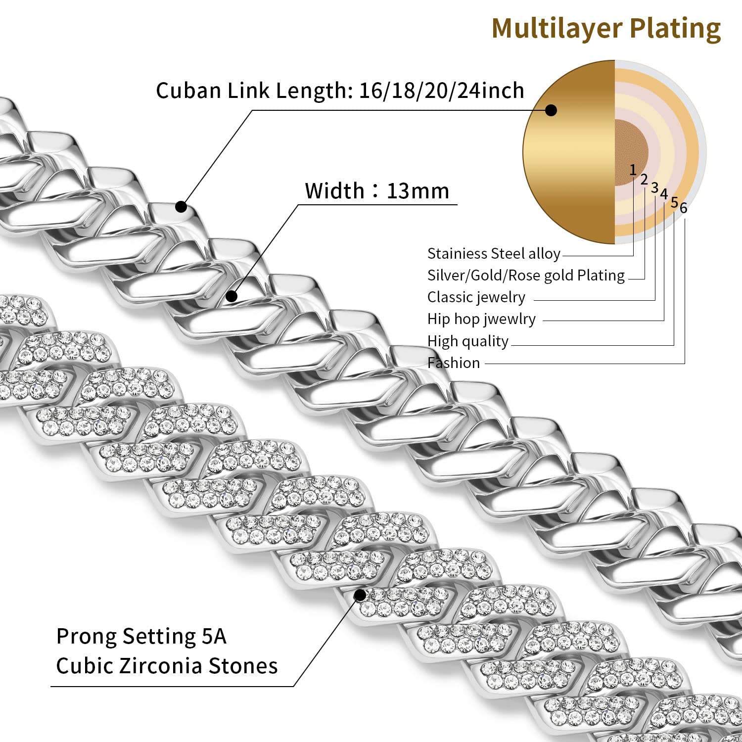 MOFEIJEWEL Cuban Link Chain For Men Women Iced Out Chain Miami Cuban Necklace Bling Diamond Chains Hip Hop Jewelry 13mm Silver Gold