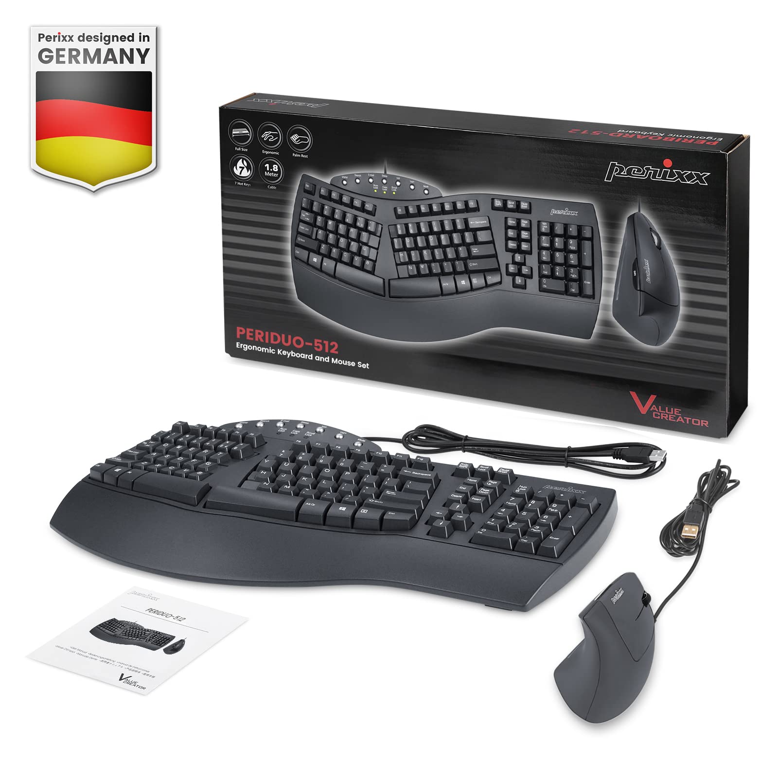 Perixx PERIDUO-512B US, Wired Ergonomic Keyboard and Vertical Mouse Combo - USB - Black - US English