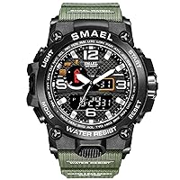 SMAEL Watches for Men 50M Waterproof Clock Alarm 1545D Dual Display Wristwatch Quartz Military Watch Sport New Mens-Army Green