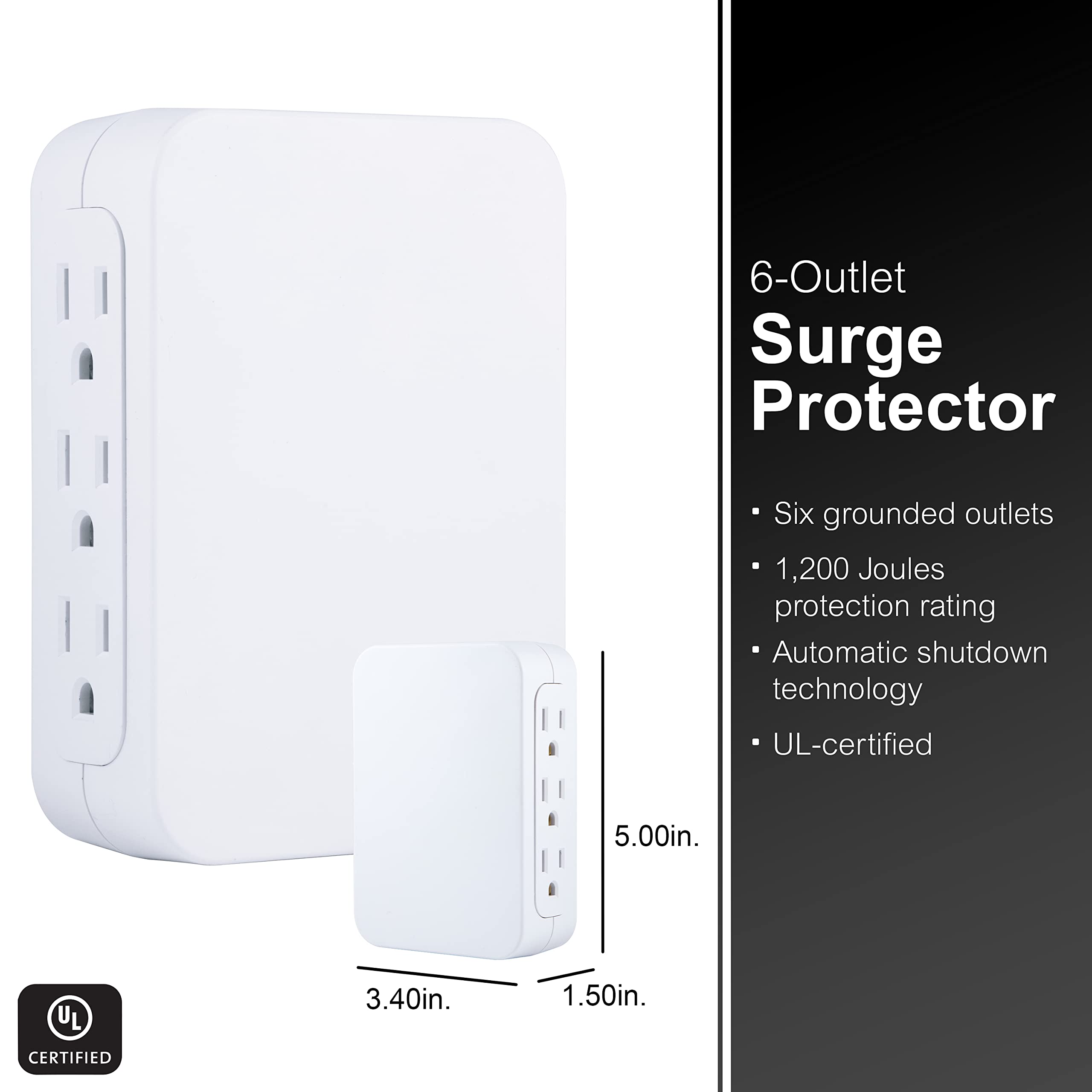 GE 6-Outlet Surge Protector, 10 Ft Extension Cord, Power Strip, 800 Joules, Flat Plug & Pro 6-Outlet Extender, Surge Protector, Side Access, Wall Tap Adapter