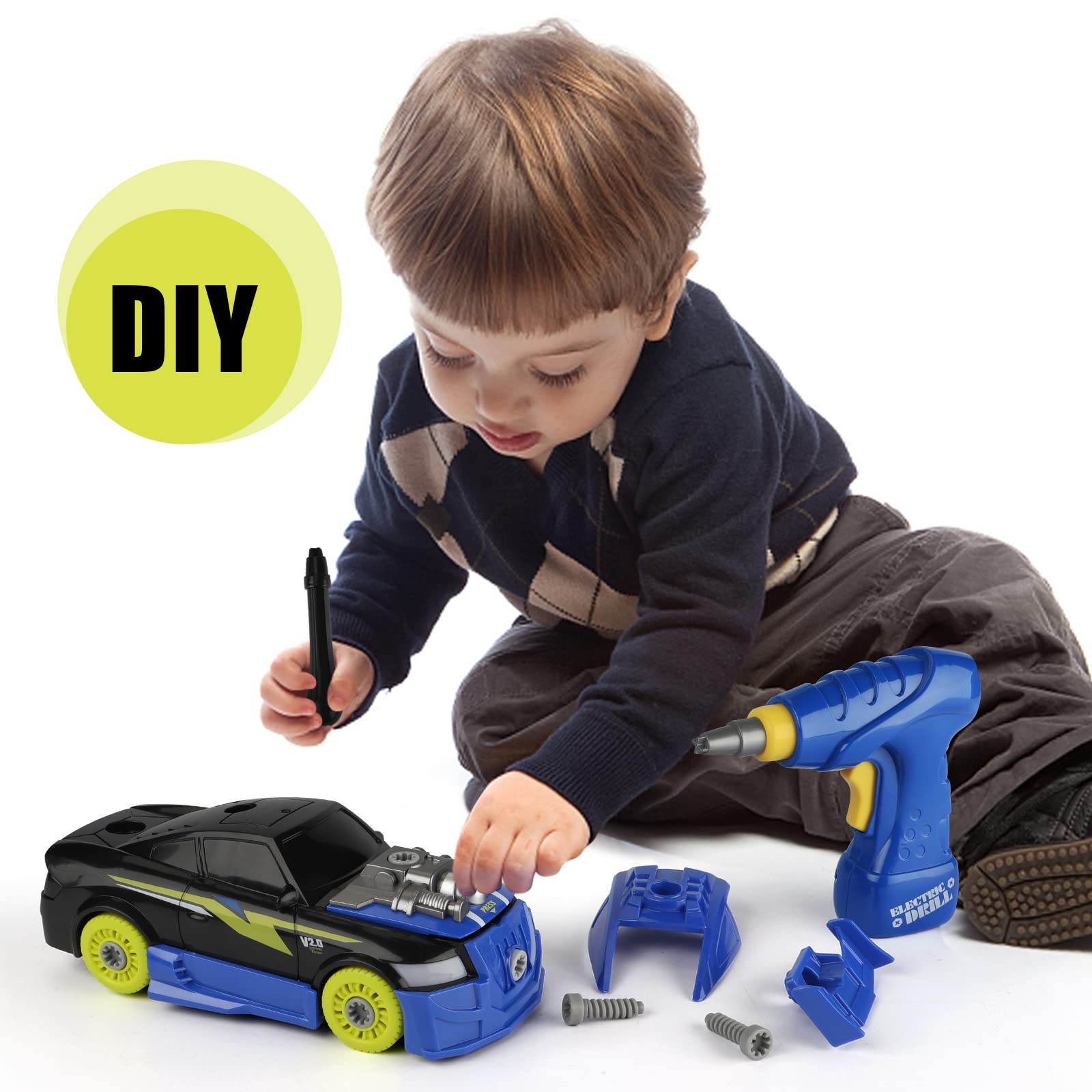 GILOBABY 26 Pieces Take Apart Car Toys Set, Build Your Own Racing Car with Drill, Sounds & Lights, Learning Education Toys for Kids, Birthday Gifts for Boys Ages 3+ Years