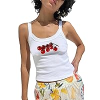 Women Y2K Print Tank Crop Top Graphic Ribbed Sleeveless Scoop Neck Slim Fitted Cami Summer Casual Going Out Vest