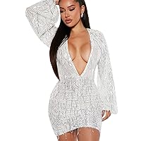 Womens Sexy Long Sleeve Deep v Neck Sequins Tassel Pearls Bodycon Party Clubwear Dress
