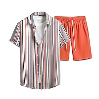 Men's 2 Piece Outfits Hawaiian Print Short Sleeve Shirt and Short Sets Drawstring Elastic Waist Shorts with Pockets