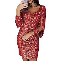 Andongnywell Women's Sparkle Glitzy Glam Sequin V Neck Long Sleeve Part Dress Sequins Glitters Sexy Mini Dresses