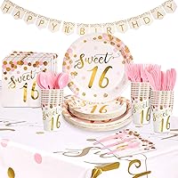 BLUE PANDA 170-Piece Rose Gold Sweet 16 Birthday Decorations for Girls, Disposable Dinnerware Set with Table Cover and Banner (Serves 24)