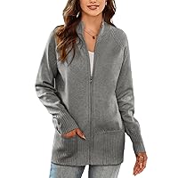 GRACE KARIN Women's Long Sleeve Zip Up Knit Cardigan with Pockets Stand Collar Full Zip Sweater Coat Lightweight