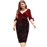 LALAGEN Women Plus Size Bodycon Pencil Midi Dress Stretchy Sequin Wrap V Neck Half Sleeve Velvet Party Dress Red 4X