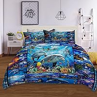 Dolphin Comforter Set 3 Pieces Soft Lightweight Microfiber Blue Ocean Animal Bedding with 2 Pillowcase Underwater World Life Dolphin Clownfish Comforter for Kids Adults, Full Size