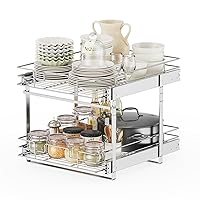 ROOMTEC Slide Out Cabinet Organizer for Kitchen, 2 Tier Pull Out Shelves Sliding Cabinet Organizer and Storage, Chrome (16.5