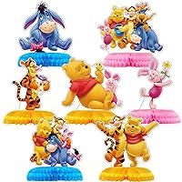 7Pcs Winnie Party Decorations, Pooh Bear Theme Honeycomb Centerpieces Table Toppers, 3D Double Side Cake Toppers, Winnie Birthday Supplies for Girls and Boys