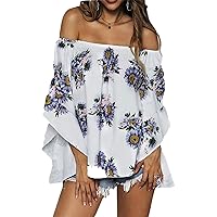 Andongnywell Women's Off Shoulder Bell Sleeve Shirt Tie Knot Casual Blouses Tops One-Shoulder Chiffon Shirt