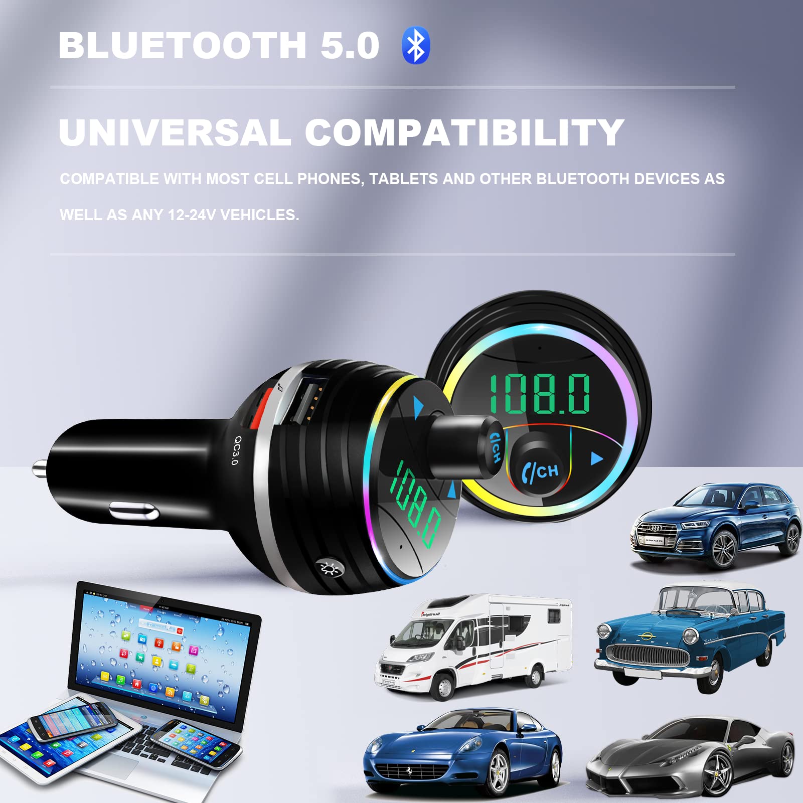 Car Bluetooth FM Transmitter , 2022 Upgraded Bluetooth Car Adapter, Wireless Radio Adapter Car Kit with QC3.0 & 5V/2.4A USB Fast Charger, Colorful Backlit, Car Music Player Support TF Card/USB Disk