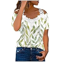 Women Flower Printing T Shirt Sexy Casual Summer Tops Off Shoulder Shirts Patchwork Lace V Neck Tunic Dressy Blouse