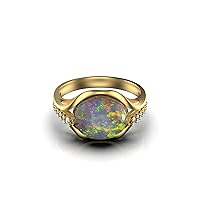 Oval Shape Natural Opal And Diamond Cabochon Ring Wedding Engagement Opal Ring In 14k Solid Gold (Diamond Color - G-H)