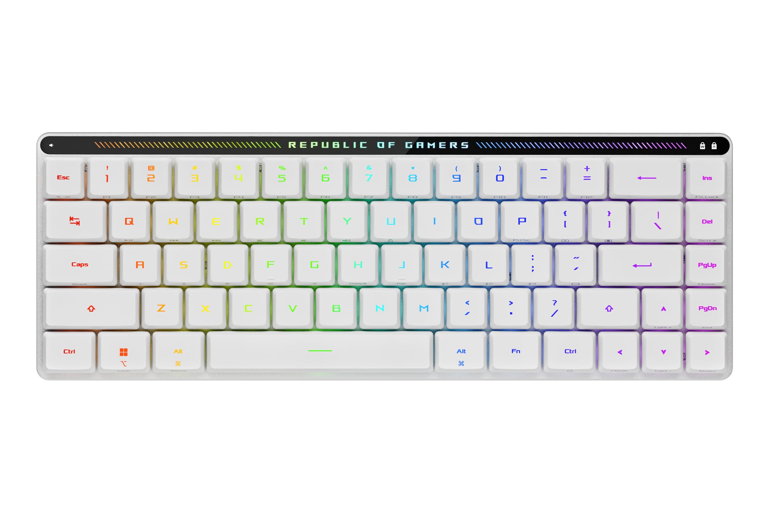 ROG Falchion RX Low Profile 65% wireless gaming keyboard with ROG RX low-profile optical switches, tri-mode connection with ROG SpeedNova, silicone dampening foam, touch panel, and MacOS support.