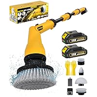 2 Battery Electric Spin Scrubber, 1000RPM Cordless Cleaning Brush Waterproof with 20V Power Supplied, Adjustable Extension Arm, 4 Replaceable Cleaning Heads, Hook, Gloves - for Tub/Tile/Wall/Floor