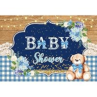 YongFoto 10x8ft Baby Shower Backdrop Glitter Golden Spots Bear Wood Floor Lace Blue Checkered Watercolor Blue Flowers Background Photography Girl Boy Kids Newborn Birthday Party Photo Studio Props