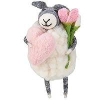 Primitives by Kathy Collectible Critter - Our Felt Happy Lamb Critter Holding a Large Pink Heart and Flowers