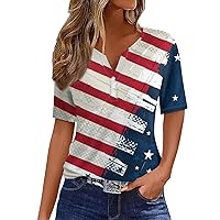 Womens Tops Summer Plus Size 4Th of July Shirt Button Down Short Sleeve Shirts Printed Graphic Tees Casual Blouses