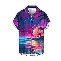 Men's Short Sleeve Button Down Casual Hawaiian Shirts Summer Sunset Beach Holiday Printed Regular Fit Top Tropical Shirts