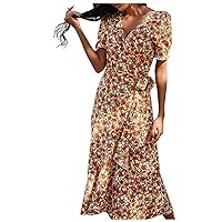 Spring and Woman's V-Collar Printed Belt Long-Style Short-Sleeved Dress