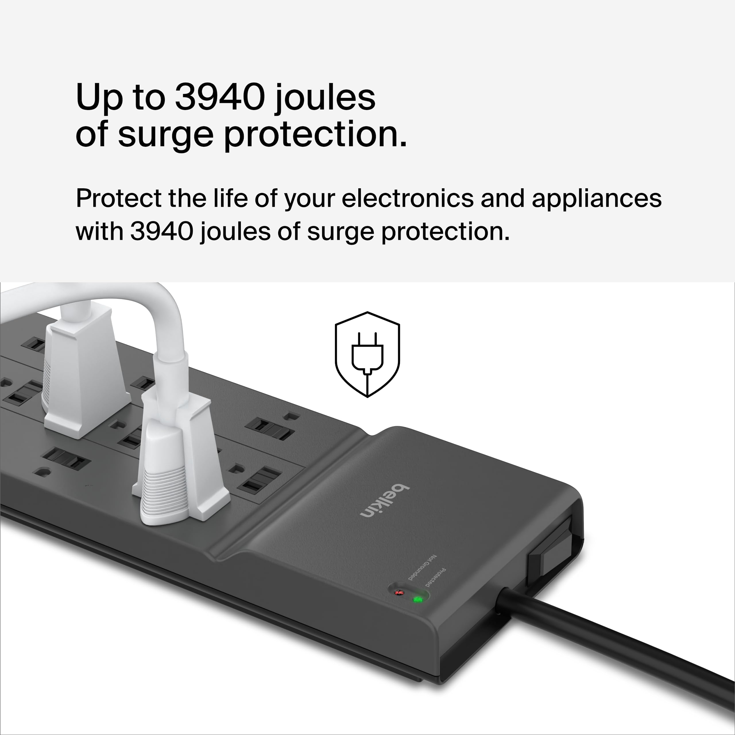 Belkin 12-Outlet Surge Protector w/ 12 AC Outlets & 2.4M Long Flat Plug Heavy-Duty Extension Cord for Home, Office, Travel, Computer Desktop, Laptop & Phone Charging Brick - 3,940 Joules of Protection