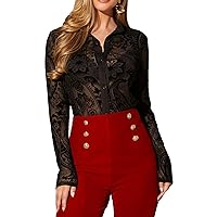Floerns Women's Sheer Lace Button Down Long Sleeve Floral Blouse Shirt Tops