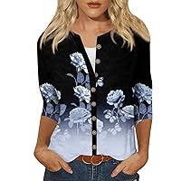 Womens Cotton Linen Button Down Shirt 2024 Spring Summer Casual 3/4 Sleeve Trendy Printed Shirts Loose Work Tops