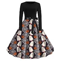 Mini Dresses for Women Summer with Sleeves,Women's Round Neck Long Sleeve Printed Vintage Swing Dress Cocktail
