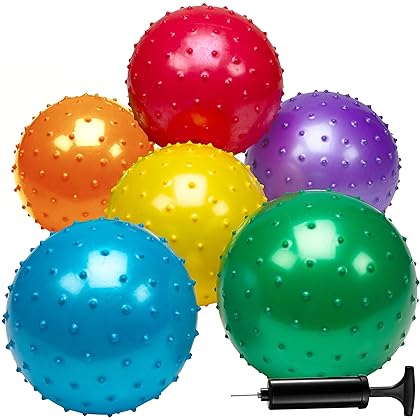 Bedwina Knobby Balls - (Pack of 6) Bulk 7 Inch Sensory Balls and Spiky Massage Stress Balls, with Pump, Fun Bouncy Ball Party Favors, Stocking Stuffers for Kids, Toddlers