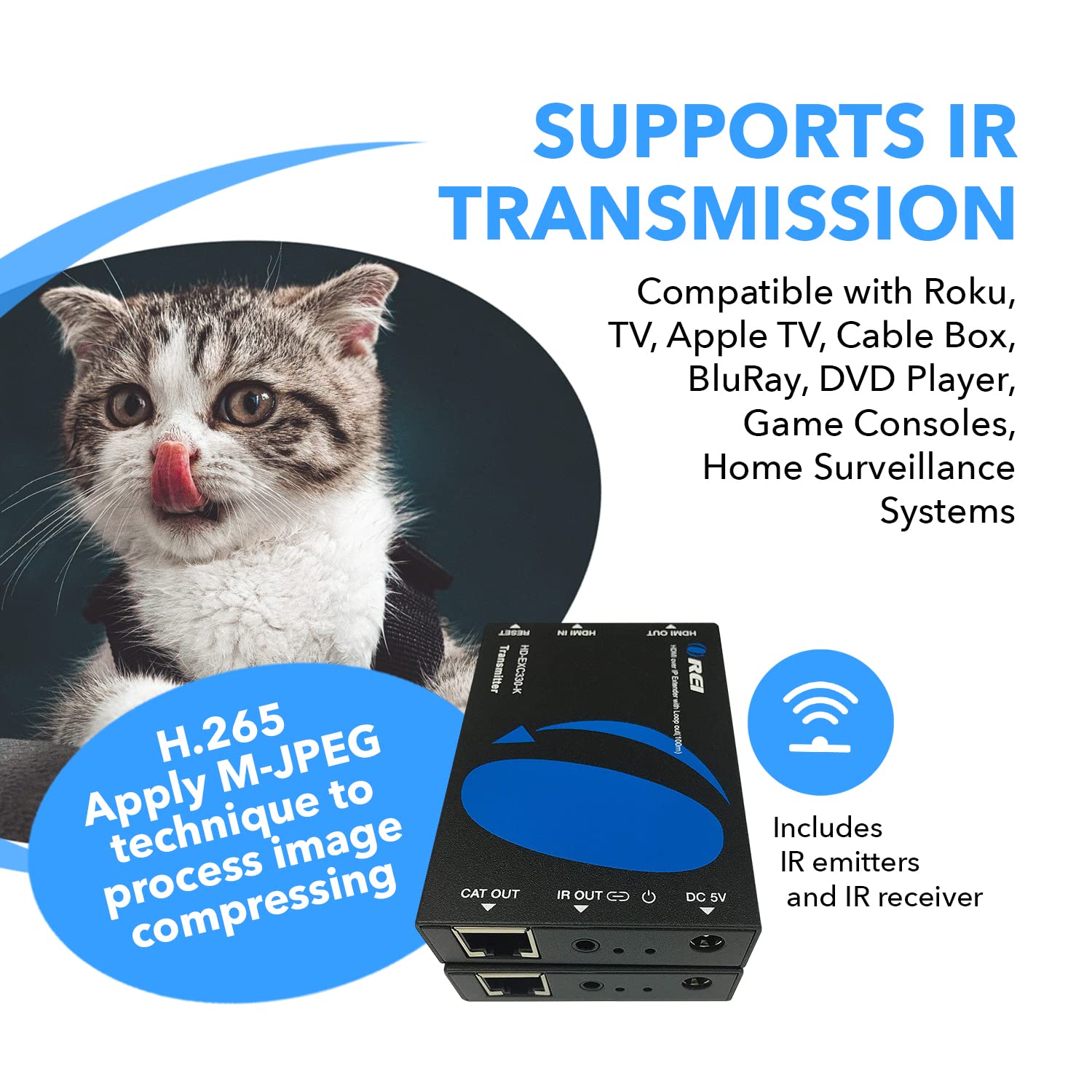 OREI HDMI over Ethernet Extender Over CAT5/CAT6 over IP one to many option, with IR Upto 330 Feet - Loop Out - 1080P Full HD Signal Distribution (HD-EXM330-K)