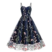 Women Vintage Spaghetti Strap Cami 1950s Rockabilly Prom Swing Dress Elegant Embroidered Cocktail Tea Party Dresses