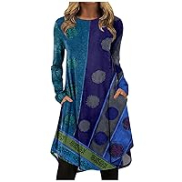 Tunic Long Sleeve Tunic for Women Trendy Home Winter Cotton Crew-Neck With Pockets Comfy Print Loose Tunics