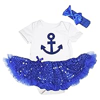 Petitebella Blue Anchor White Bodysuit Royal Blue Sequins Baby Dress Nb-18m