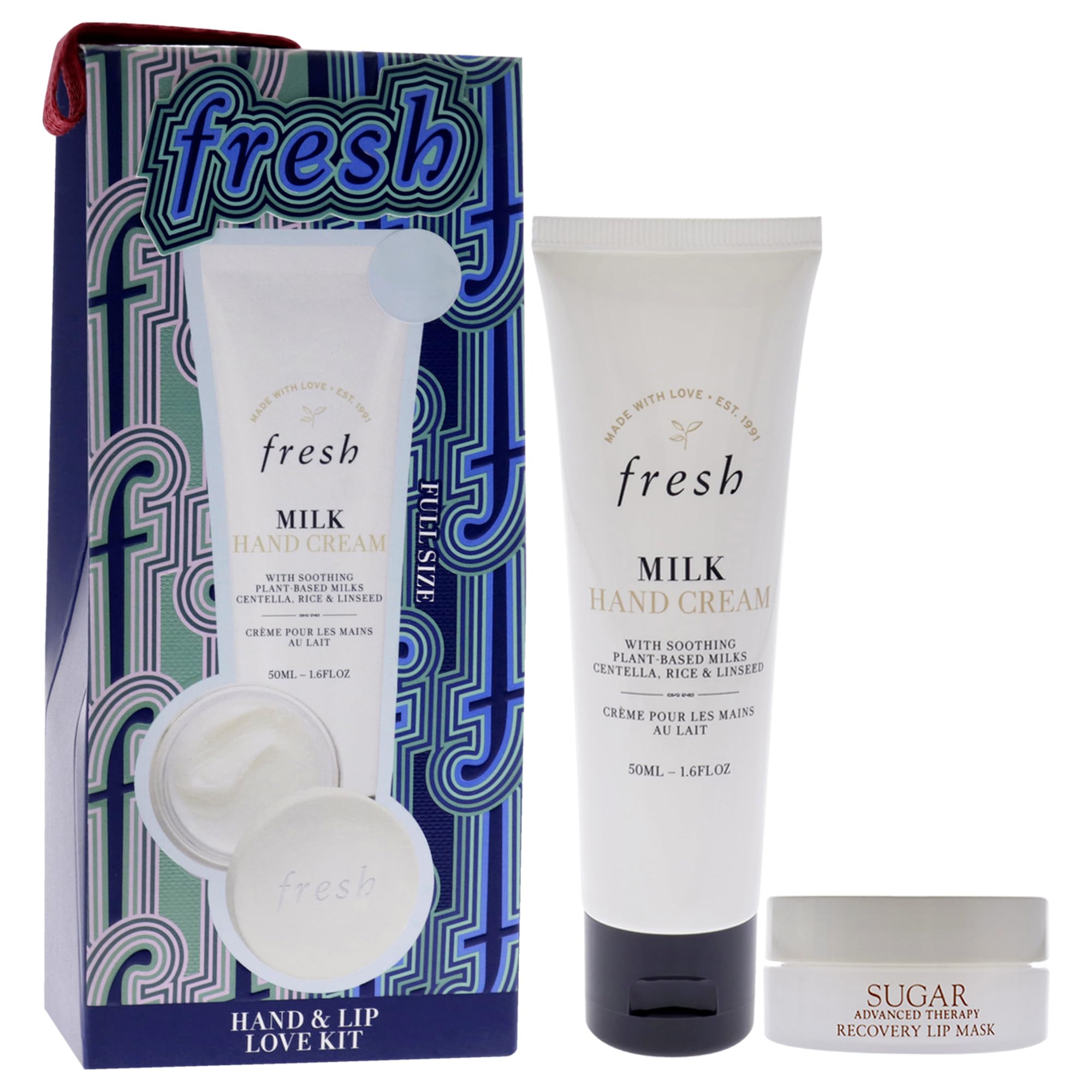 Fresh Hand And Lip Love Kit for Women - 2 Pc 1.6oz Milk Intensive Hand Cream, 0.3oz Sugar Recovery Lip Mask Advanced Therapy