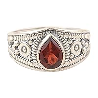 NOVICA Artisan Handmade Garnet Cocktail Ring Polished .925 Sterling Silver with Natural Domed Single Stone India Gemstone Birthstone Traditional 'Passion Drop'