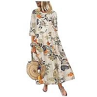 Plus Size Dress for Women,Boho Dress Elegant Print Crewneck Half Sleeve Casual Long Dress Summer Vacation Maxi Dress