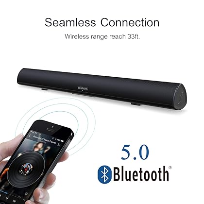 80Watt 34Inch Sound bar, Bestisan Soundbar Bluetooth 5.0 Wireless and Wired Home Theater Speaker (DSP, Bass Adjustable, Optical Cable Included, Worry-Free 90-Day Trial)