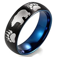 Men's 8mm Black Domed Satin Finish Tungsten Ring Engraved Bear and Tracks Band with Blue Inner