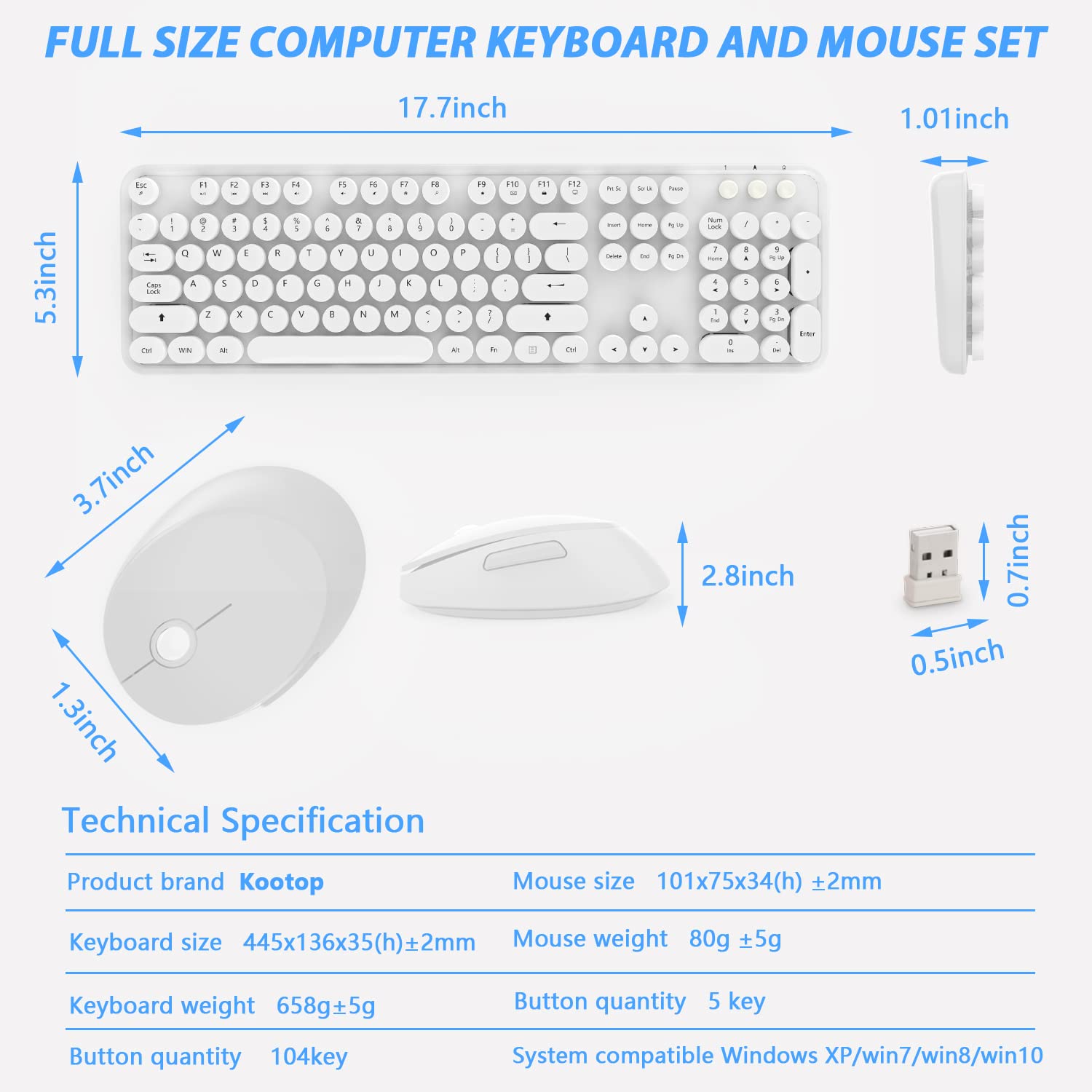 Wireless Keyboard Mouse Combo, Colorful Mouse and Keyboard Combo, 104 Keys Cute Wireless Keyboard with Number Pad for Windows, Computer, PC, Notebook, Laptop (White)