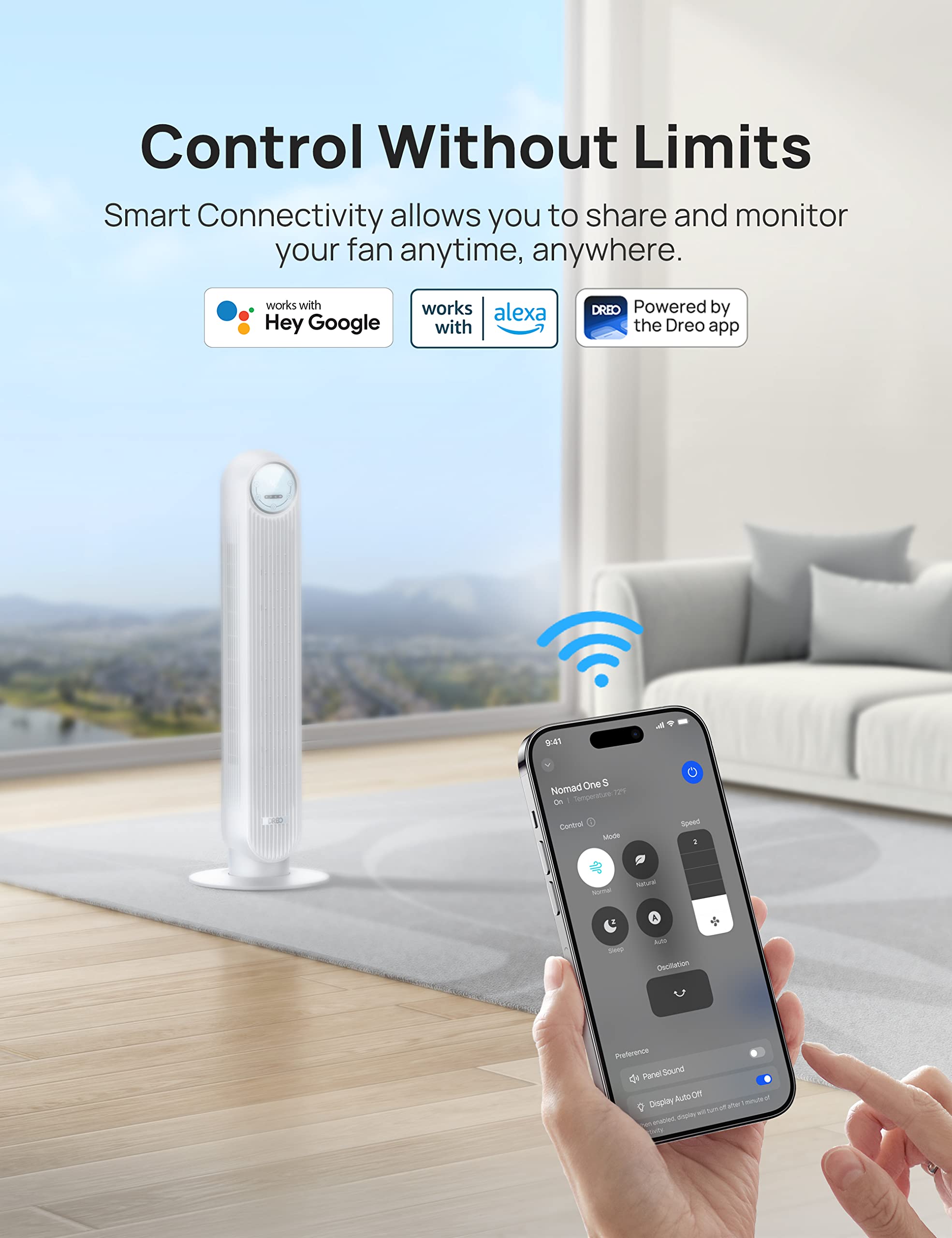 Dreo Tower Fan with Remote, Smart Oscillating Quiet Fans for Bedroom, Bladeless Standing Cooling Floor Fan with WiFi Voice Control Blow Cold Air, 4 Modes, 4 Speeds, 8H Timer, Works with Alexa/Google