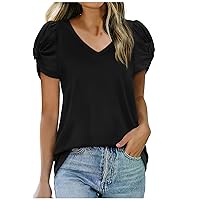 Womens Summer Tops Ruched Petal Short Sleeve V Neck T-Shirts Casual Loose Fit Tunic Tops Flowy Plain Blouses Basic Tee