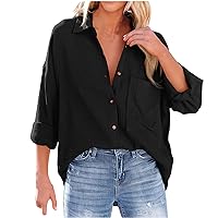 Women Button Down Shirts Office Drop Shoulder Oversized Blouse Solid Color Long Sleeve Boyfriend Shirt with Pocket