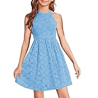 HOSIKA Girls Halter Neck Sleeveless Elegant Floral Lace A-line Flared Swing Party Dress for 6-12 Years Kid