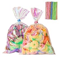 ENNIYU 120pcs Iridescent Cellophane Bags, 4x6 inch Holographic Plastic Treat Goodie Bags with Twist Ties, Cello Gift Bags for Candy Party Favors Small Gifts