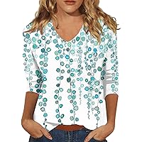 Women's 3/4 Sleeve Shirt Ladies Fashion V-Neck Blouse Summer Tunic Print Trendy 2024 Tee Tshirt