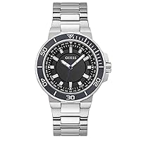 GUESS Men's Sport Diver-Inspired 44mm Watch – Black Dial Silver-Tone Stainless Steel Case & Bracelet